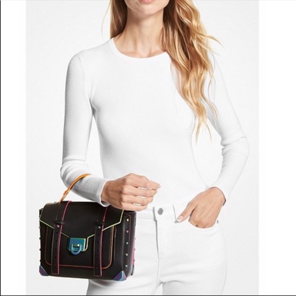 Michael Kors MK Manhattan neon contrast
trim black satchel bag crossbody - Picture 7 of 9